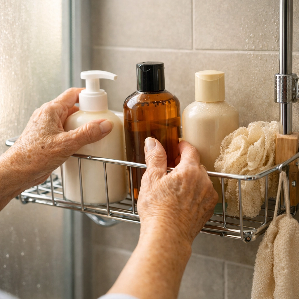 Shower caddy mounted at chest height with items stored in easy reach zone