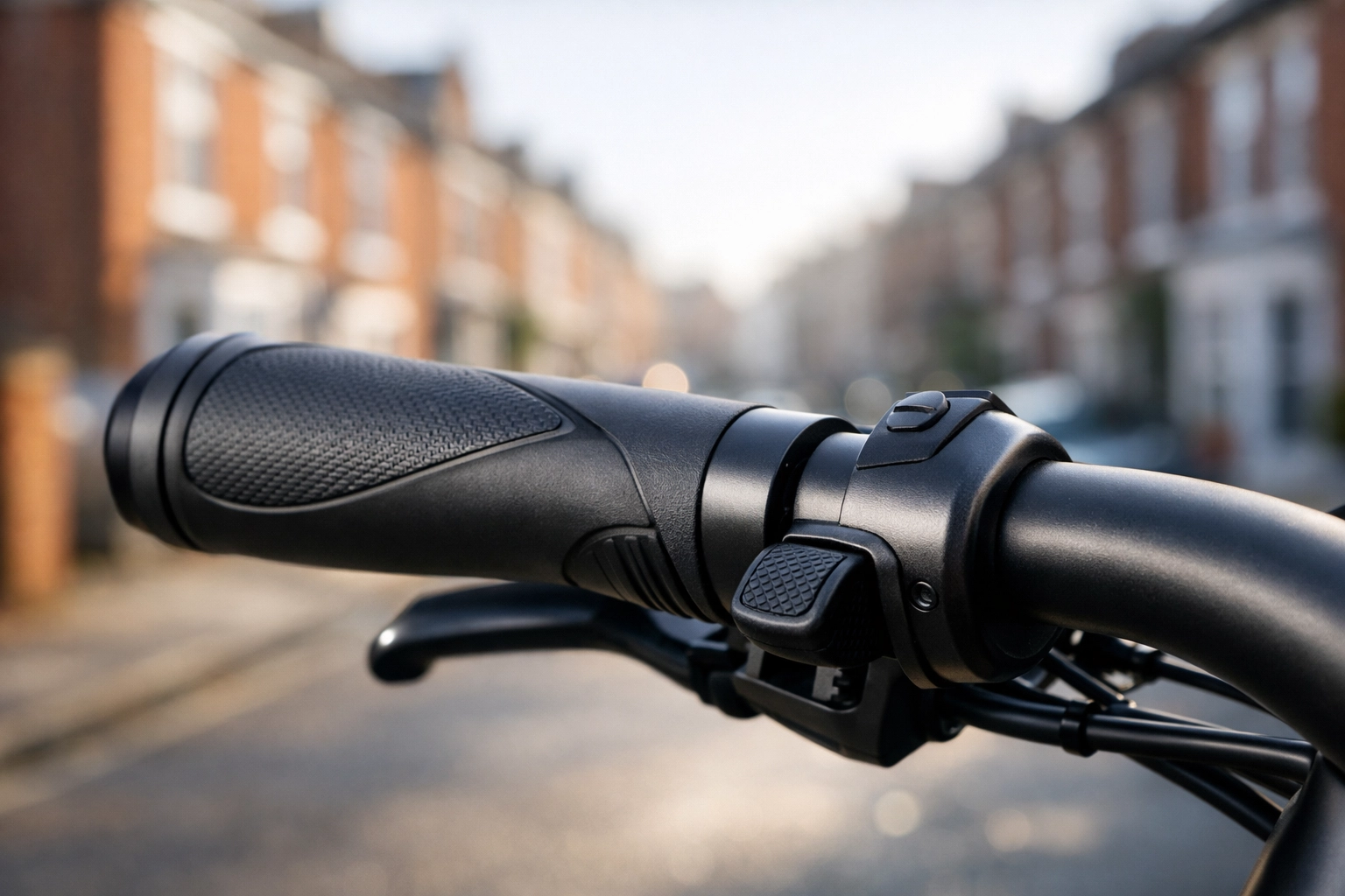 Close-up of an e-bike thumb throttle on a Portsmouth street, illustrating legal handlebar requirements.