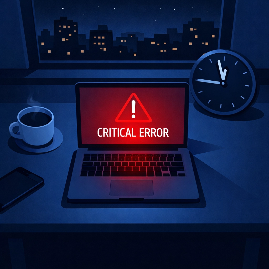 Late-night IT emergency showing laptop error at 11:47 PM requiring after-hours remote IT support