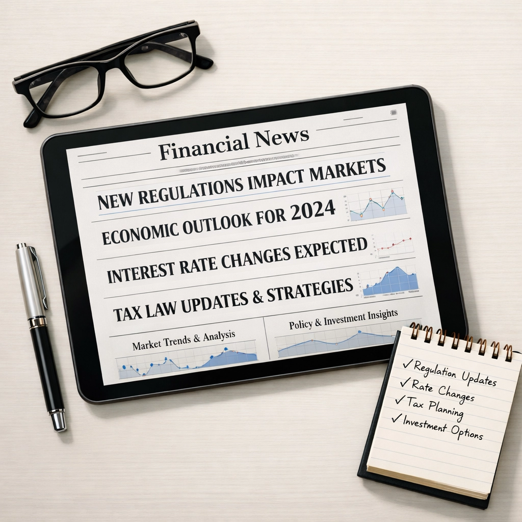 Financial news and tax law updates on tablet with notepad for staying informed