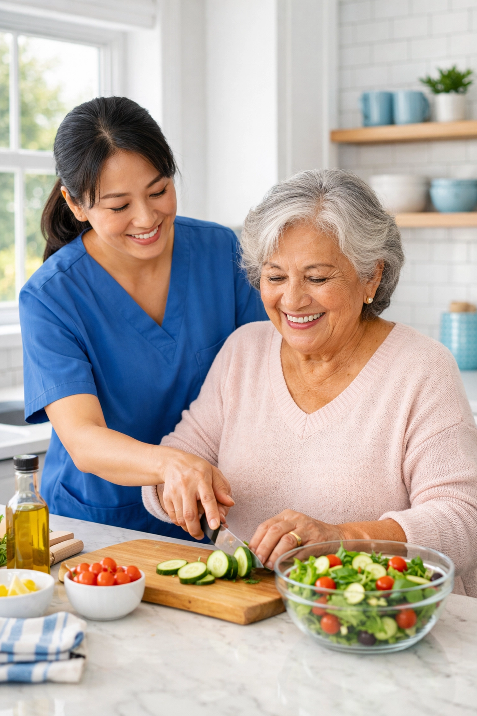 Home care professional assisting a senior with meal prep, supporting independent living in Northern Virginia.