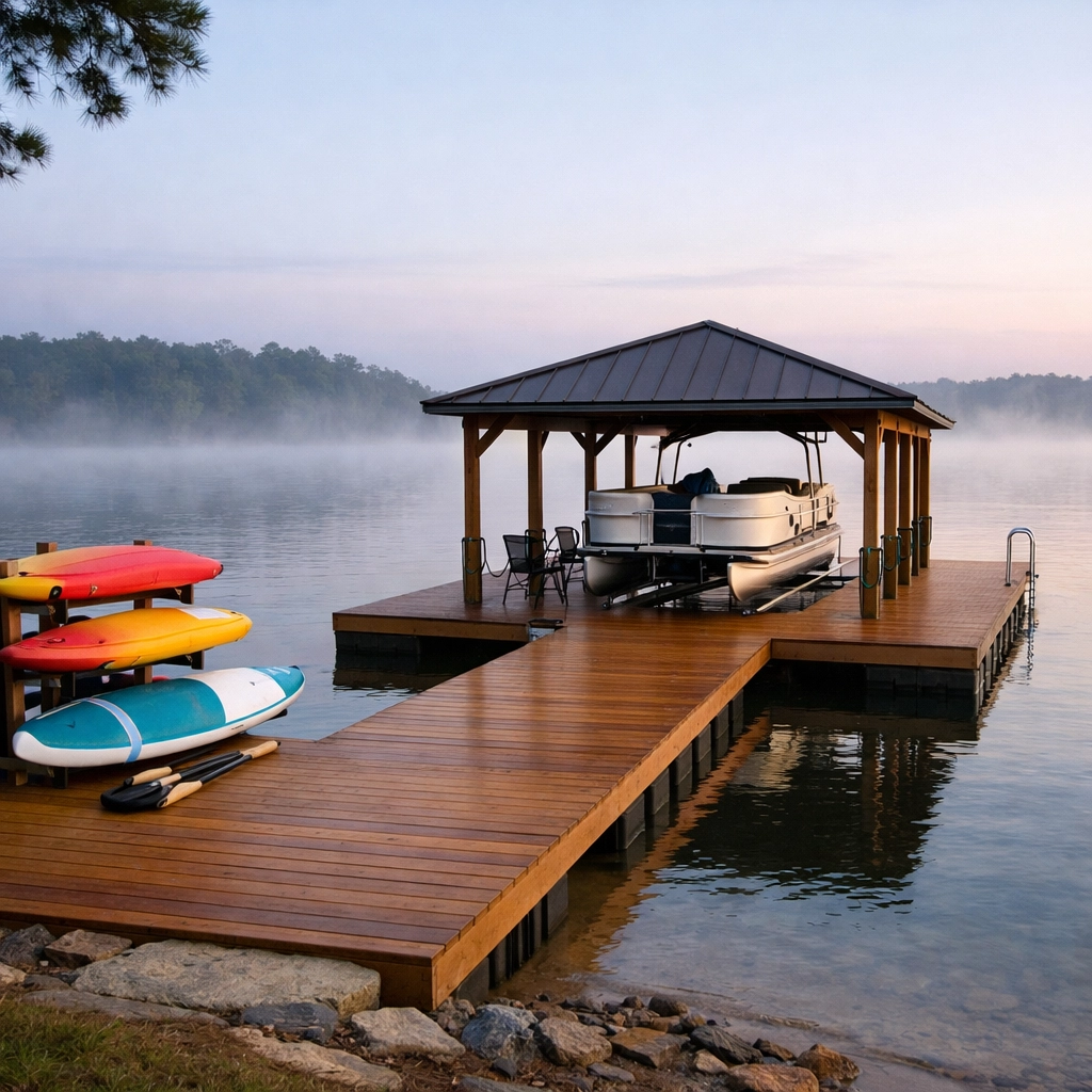 Private boat dock with lift and water sports equipment on Lake Murray at dawn