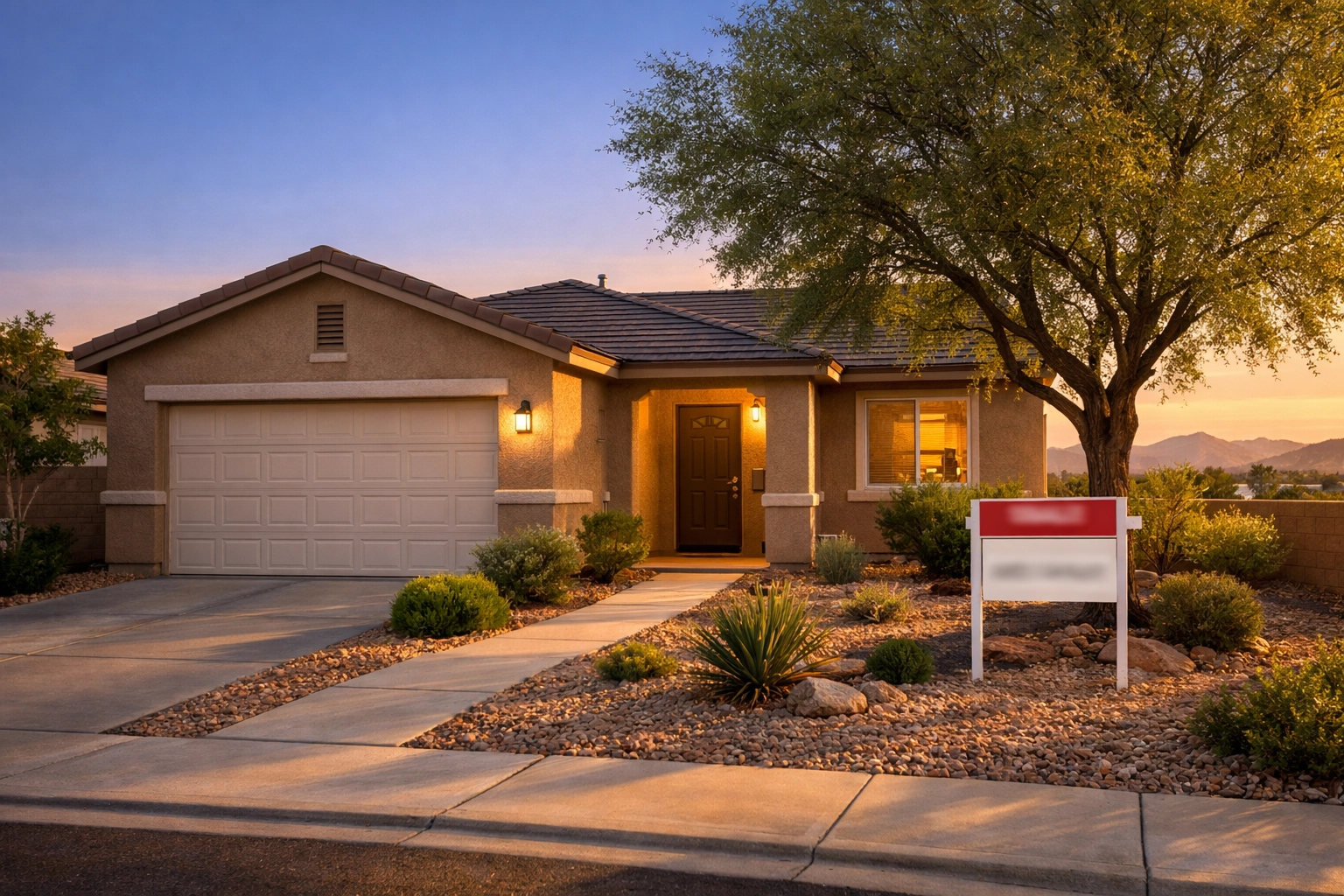 Home for sale in Spring Valley Las Vegas with desert landscaping at sunset