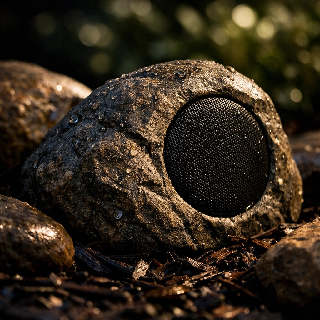 Weatherproof landscape speaker disguised as rock in garden bed with spring mulch