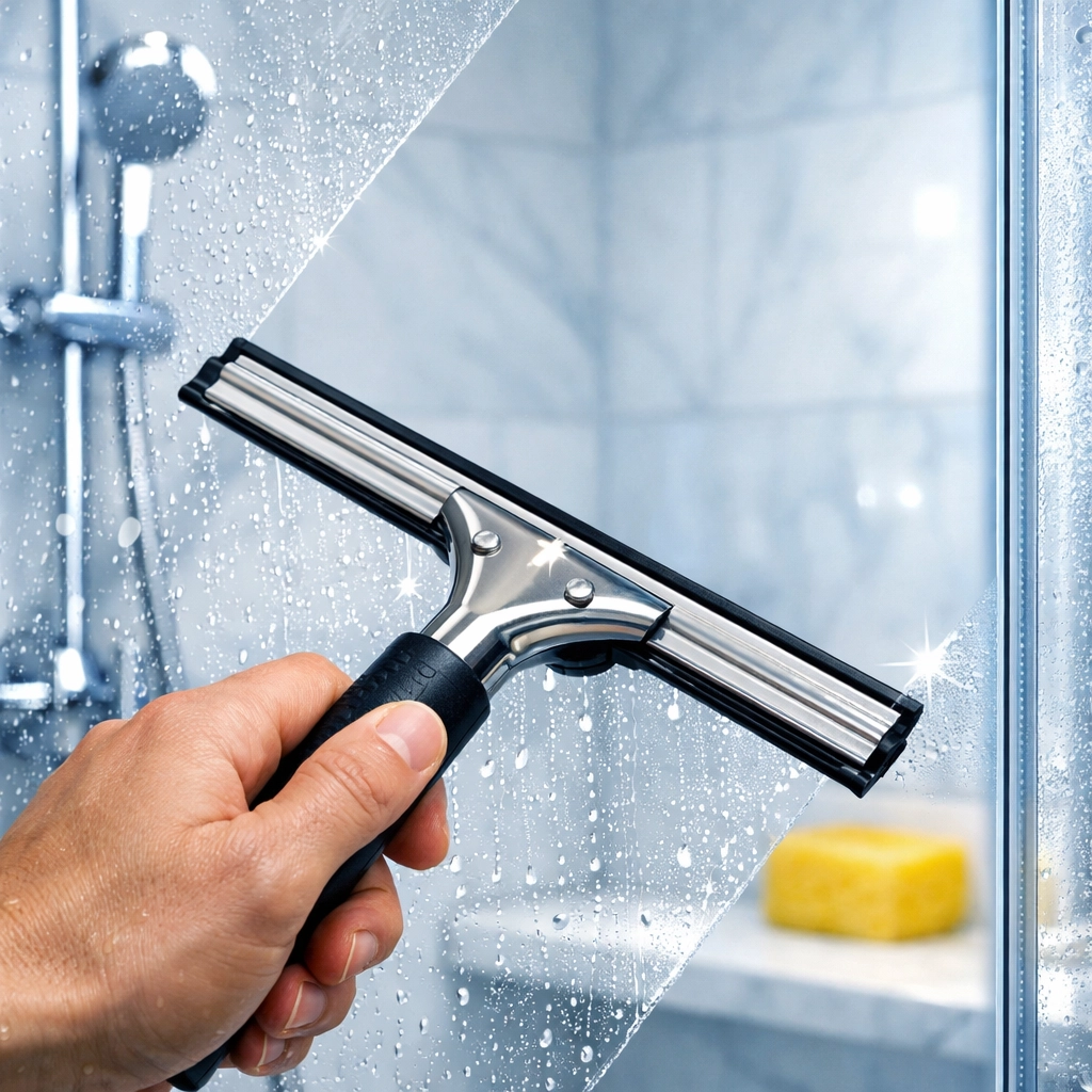 Professional house cleaning services in Fitchburg cleaning a glass shower door in a marble bathroom.