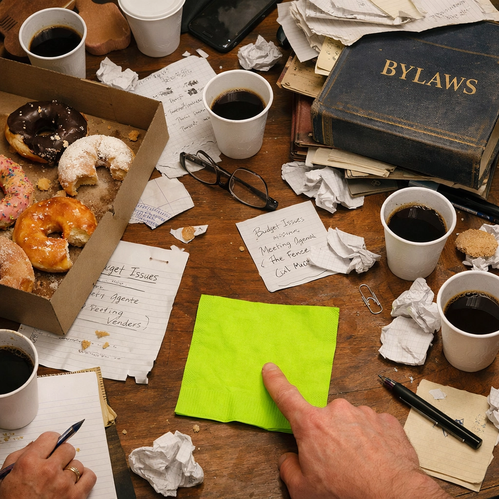 A cluttered board table with donuts and coffee, representing a disorganized ag society board structure.
