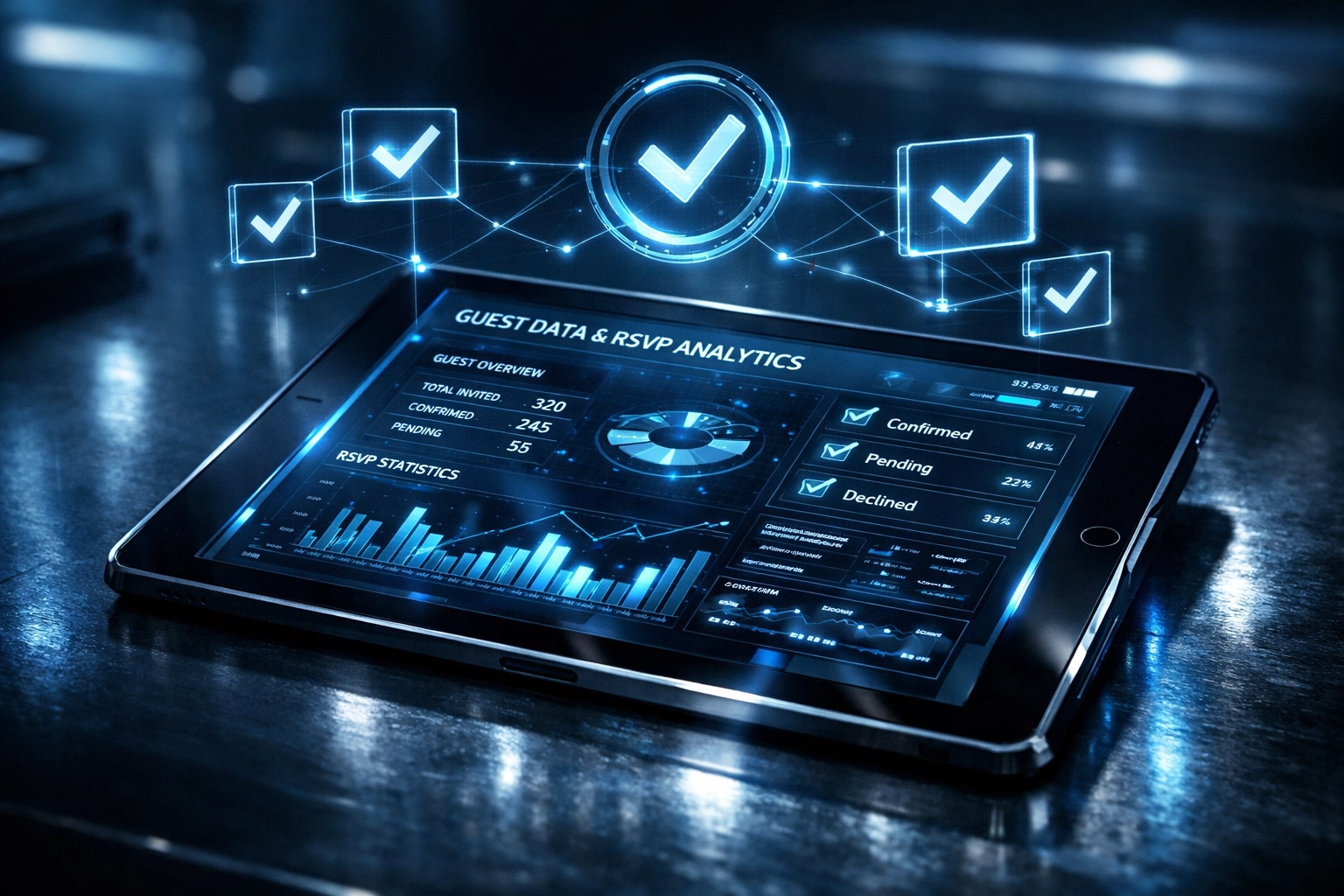 Digital wedding RSVP dashboard showing automated guest tracking and meal preference data.