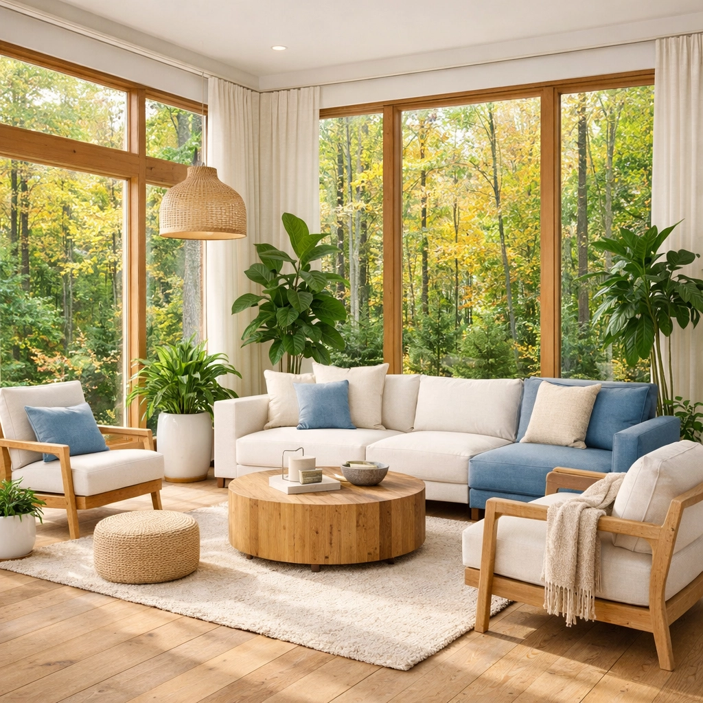 Sunlit luxury living room cleaned with eco-friendly residential cleaning Massachusetts techniques.