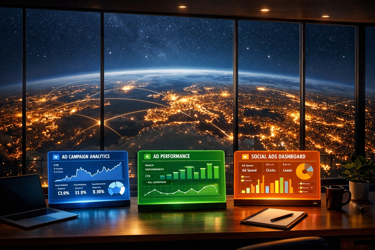 Digital ad dashboards overlooking a global map illustrating multi-platform international advertising.