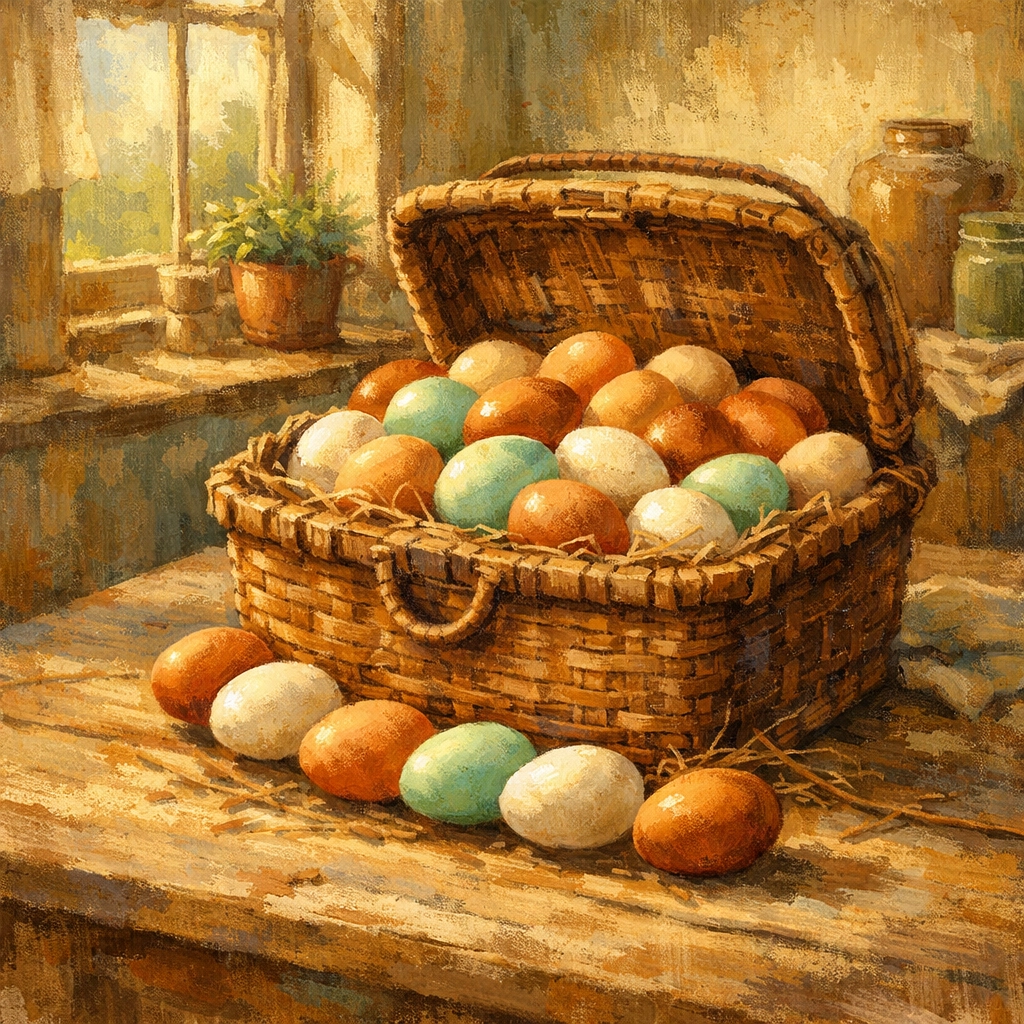Farm fresh eggs in brown, white, and green colors displayed in basket on rustic table