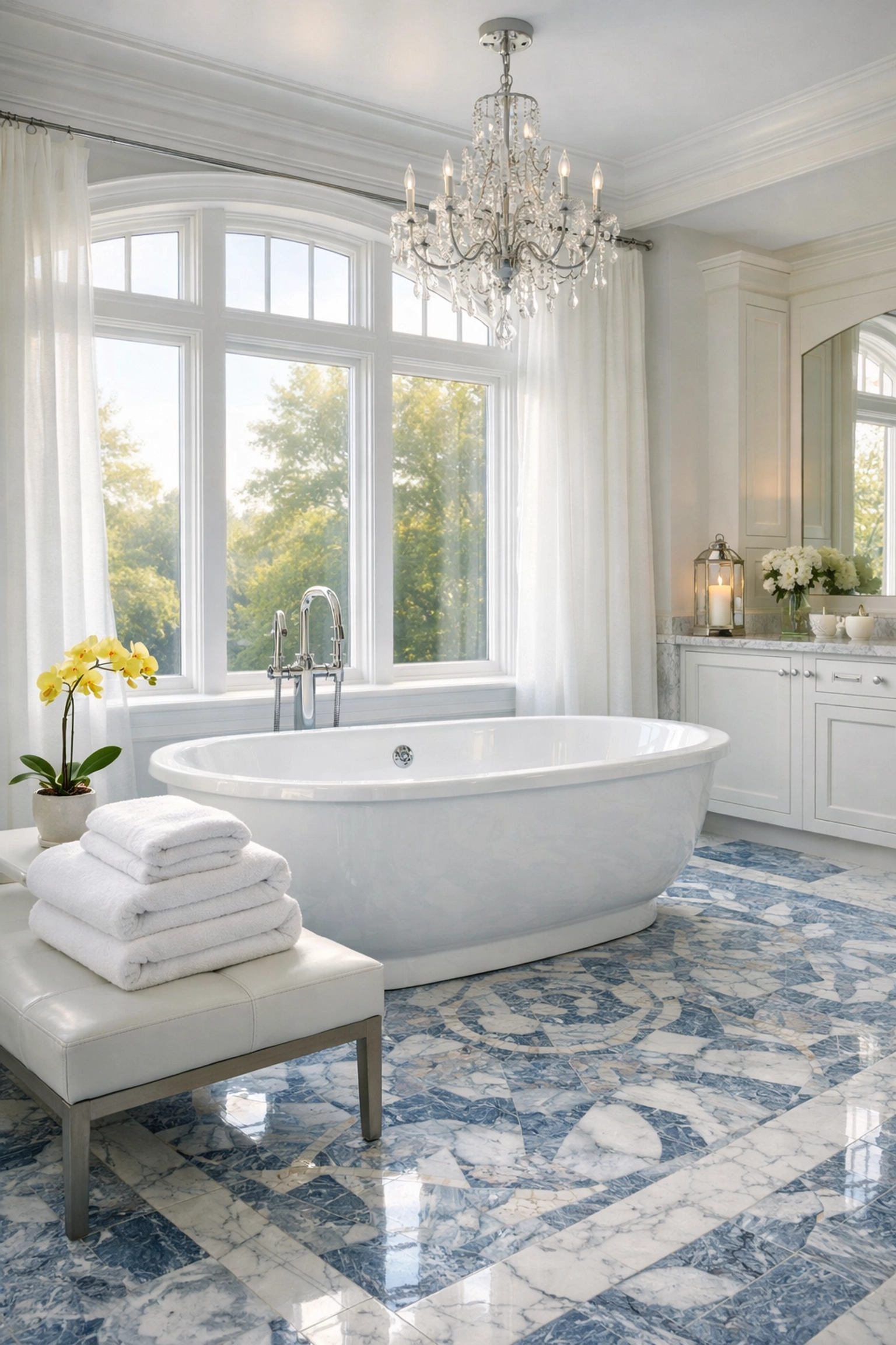 Spotless master bathroom sanctuary with marble tile, maintained by luxury house cleaning in Lynnfield.