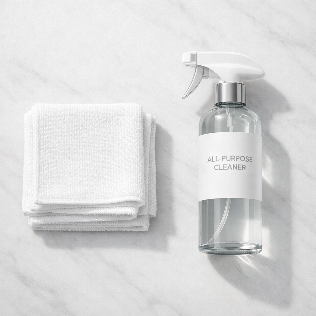 Cleaning supplies and microfiber cloths on kitchen counter for Airbnb turnover