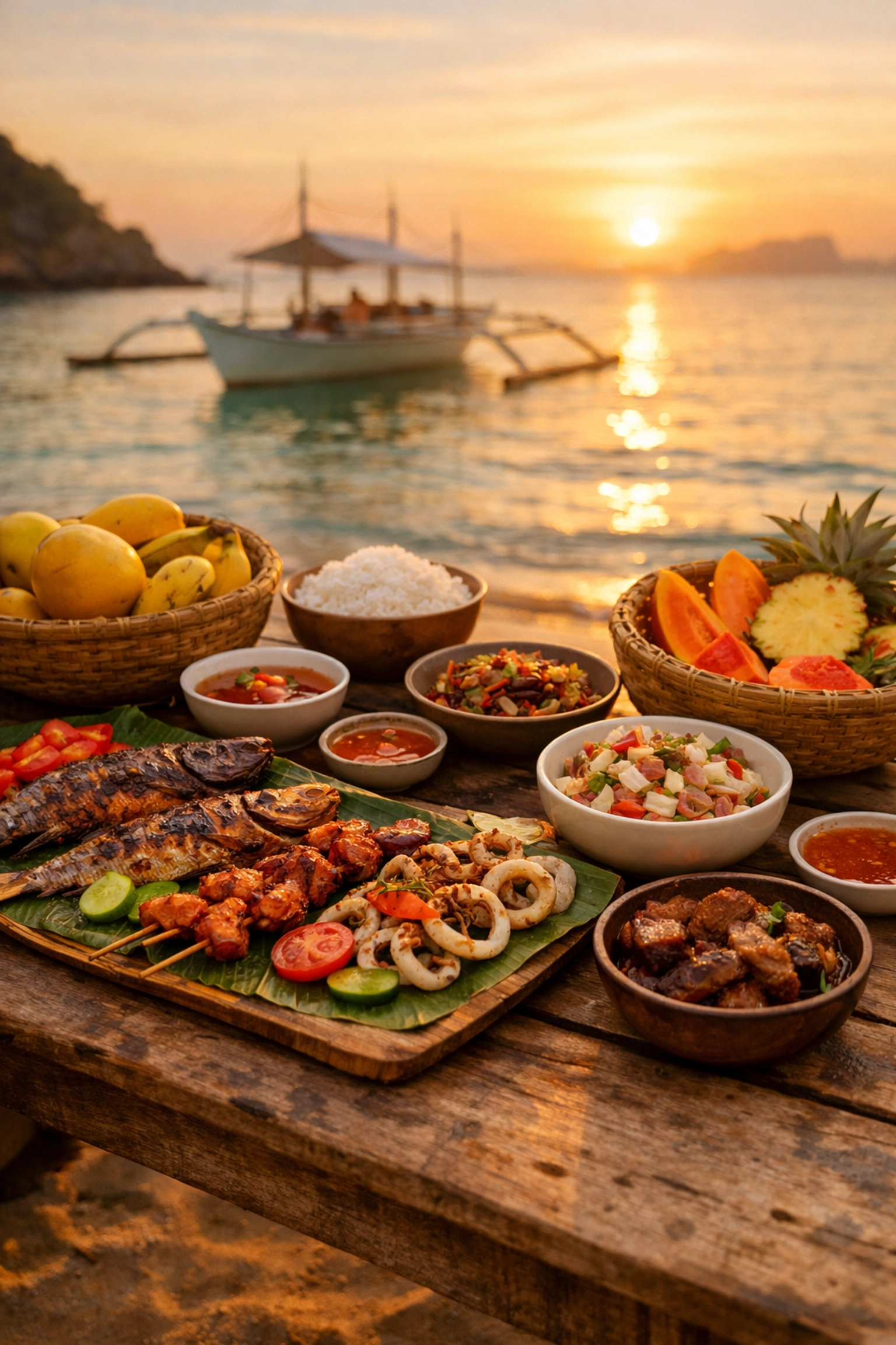 Filipino beachside seafood feast with grilled fish and tropical fruits at sunset