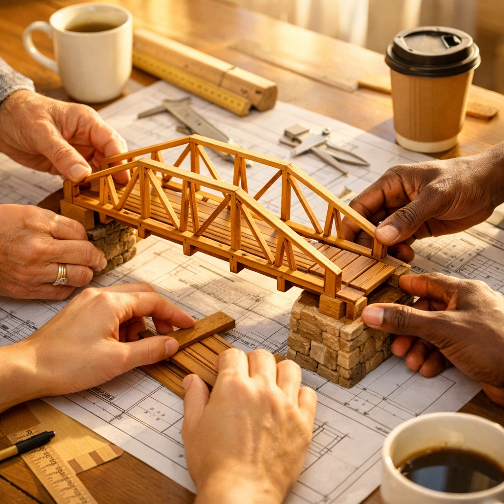Diverse hands collaborating to build a wooden bridge model representing nonprofit partnerships