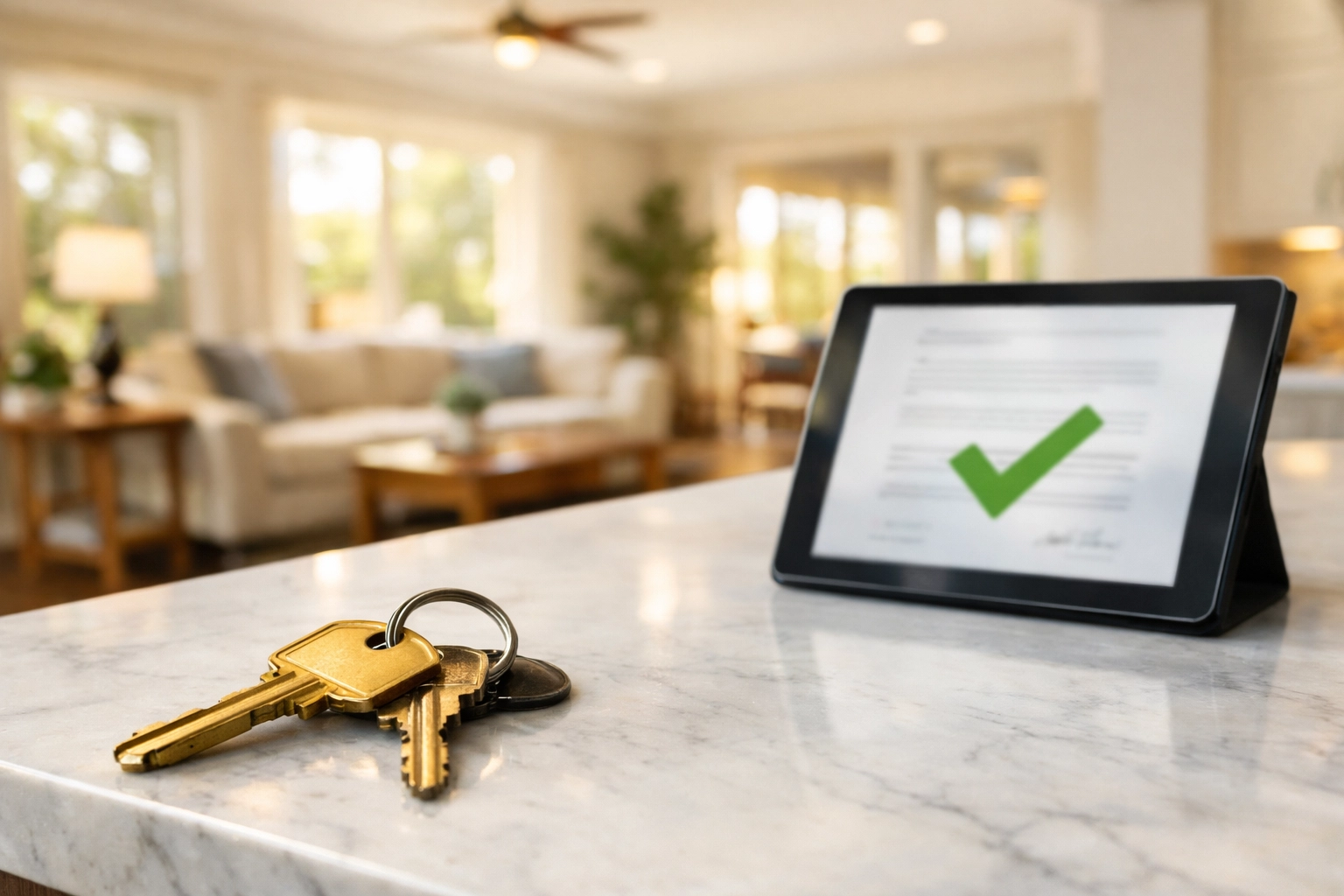Brass house keys on a kitchen counter representing a fast San Antonio VA loan closing process.