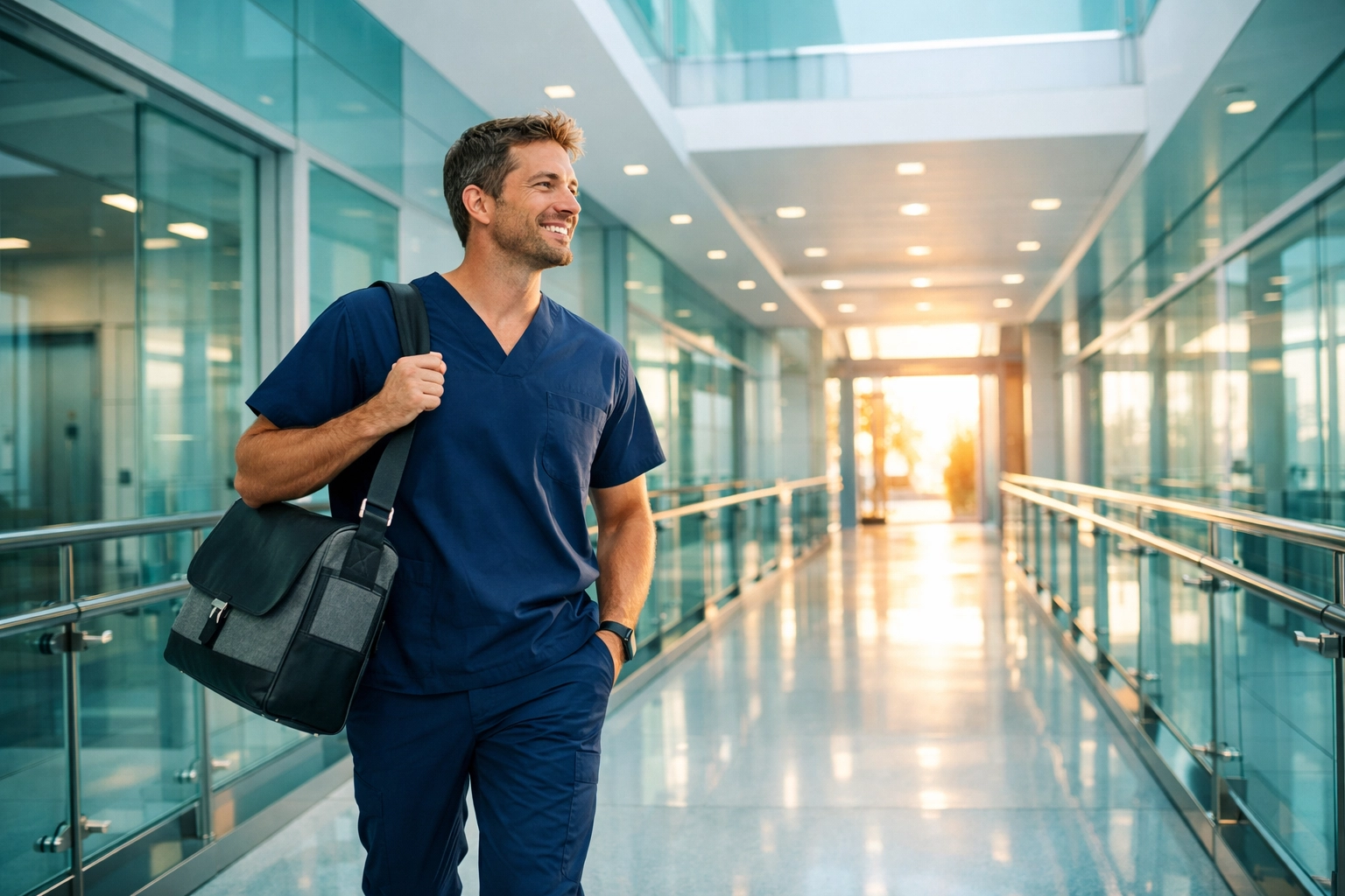 Healthcare provider leaving on time after using AI clinical documentation software for Medicare compliance.