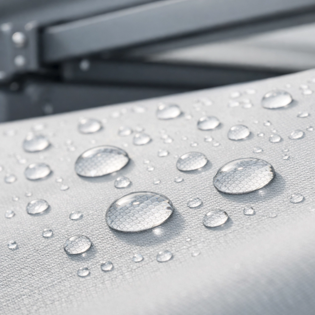 Wasserdichtes PVC-Faltdach Gewebe mit Lotus-Effekt für optimalen Regenschutz auf der Terrasse.