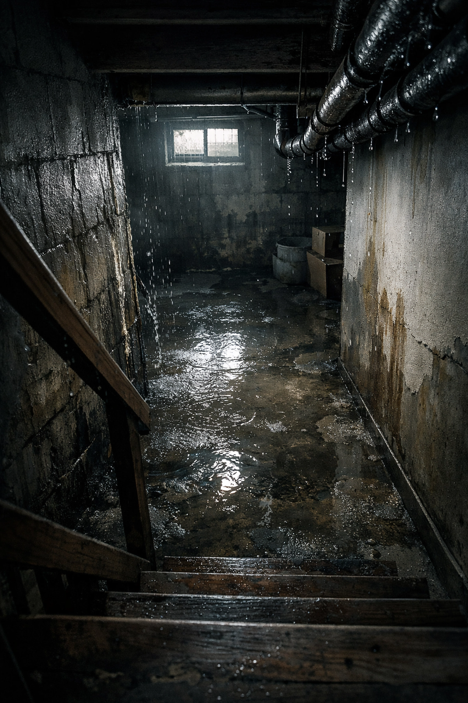 Flooded basement with water pooling on floor showing early signs of water damage