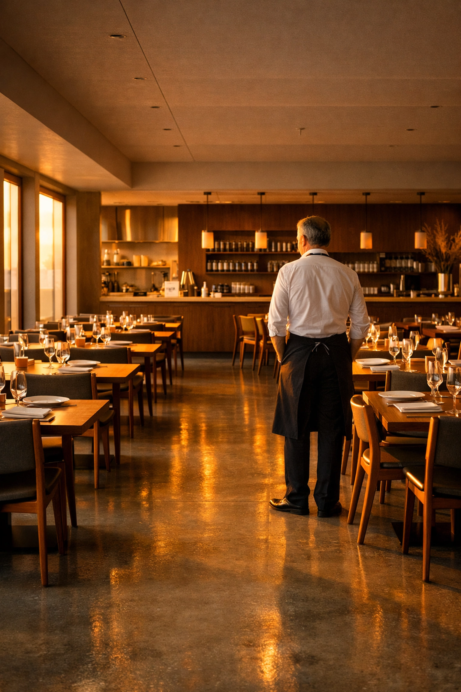 Restaurant owner viewing a clean, organized dining area designed for sustainable restaurant growth and efficiency.
