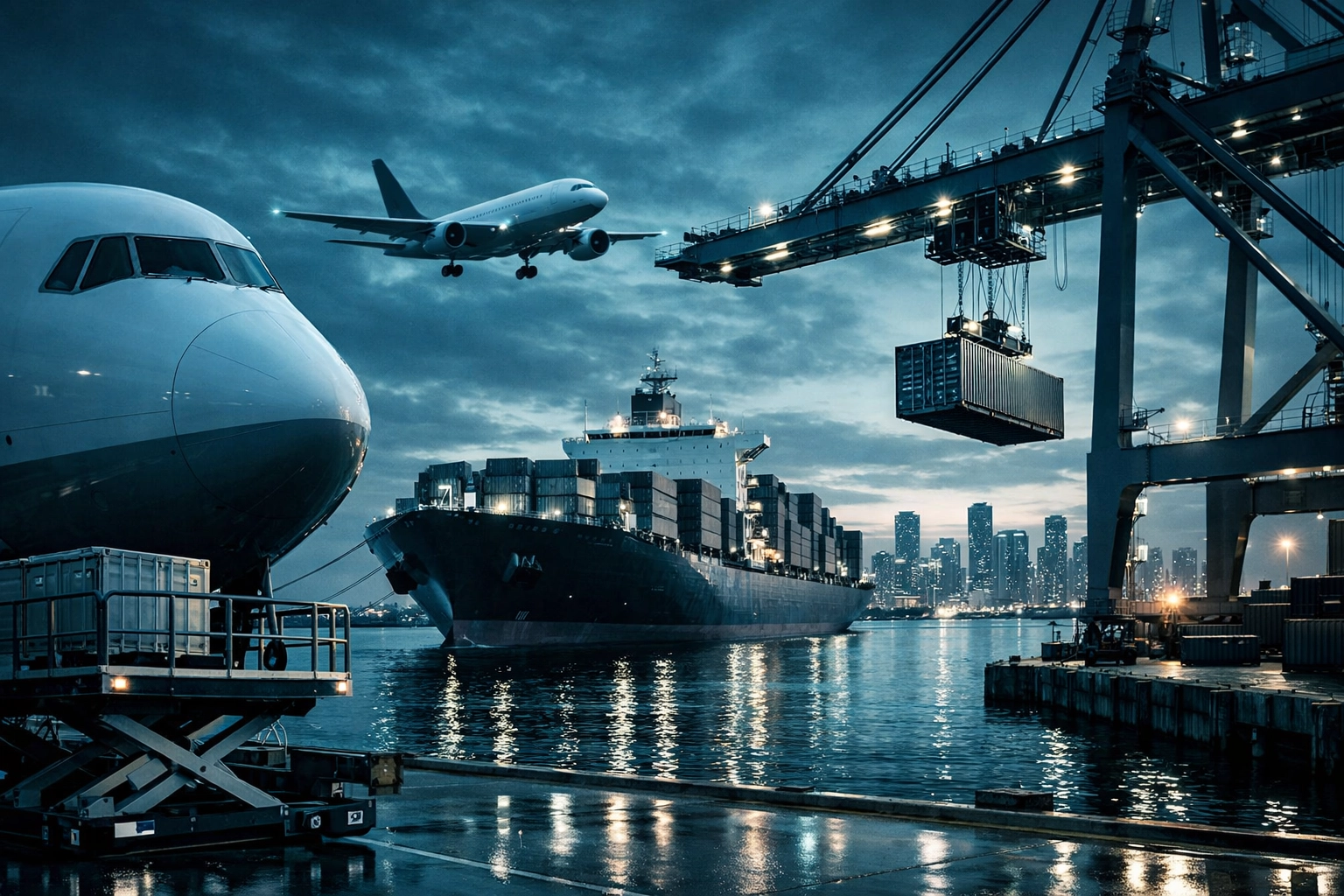 Multimodal logistics in Miami featuring a cargo ship and plane for sea-to-air shipping solutions.