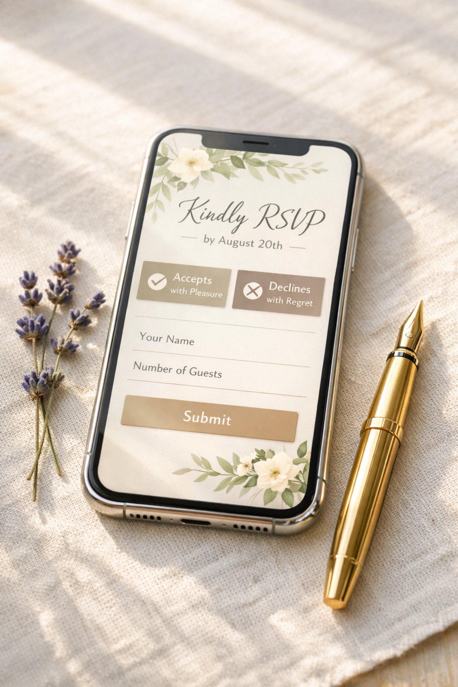 Smartphone displaying a stylish digital wedding RSVP app to save money on paper invitations.