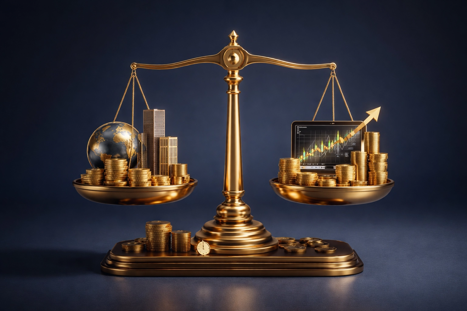 Balanced scale with gold coins and investment icons symbolizing private equity diversification strategy