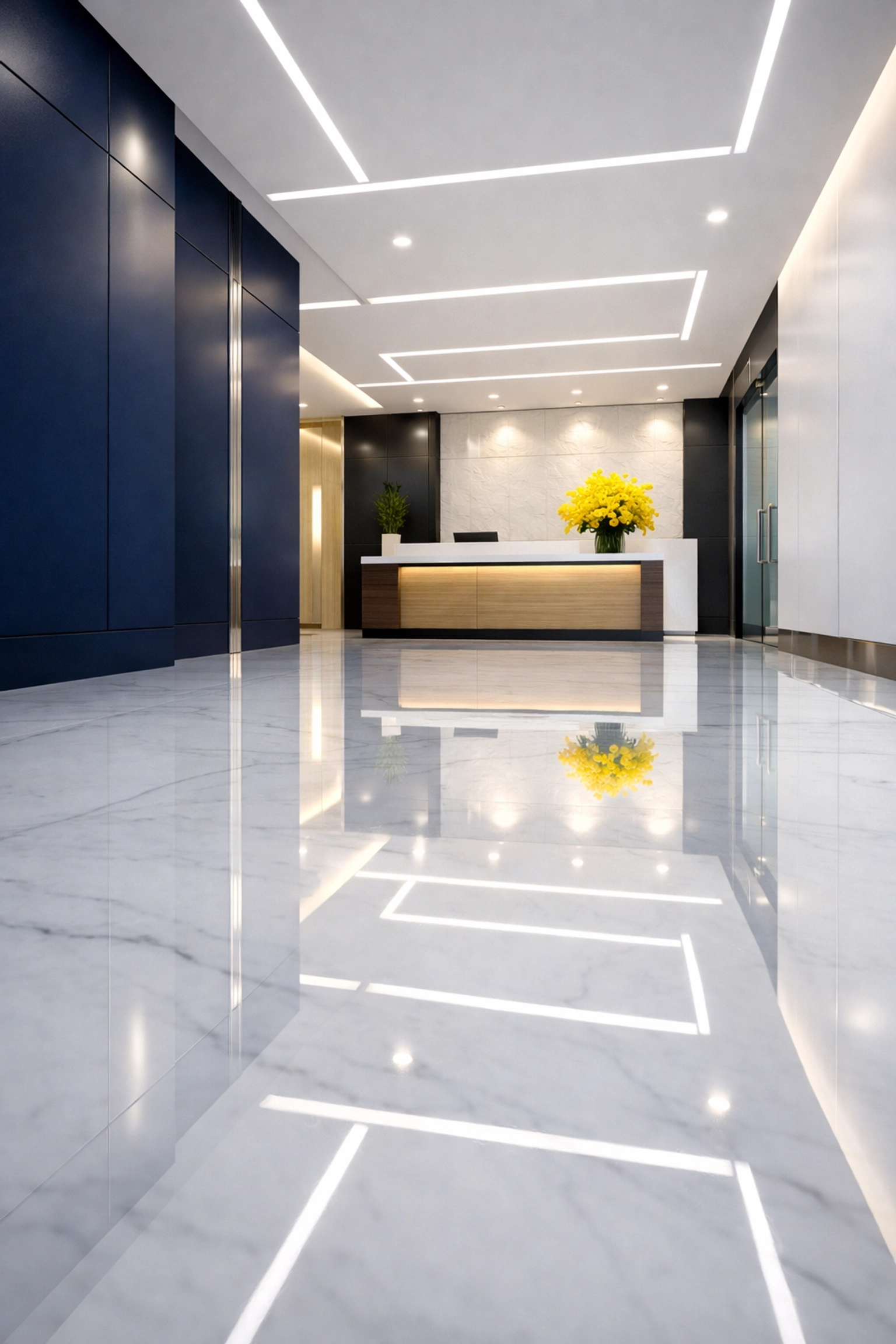 Professional janitorial services for corporate corridors with high-gloss, pristine marble floors.
