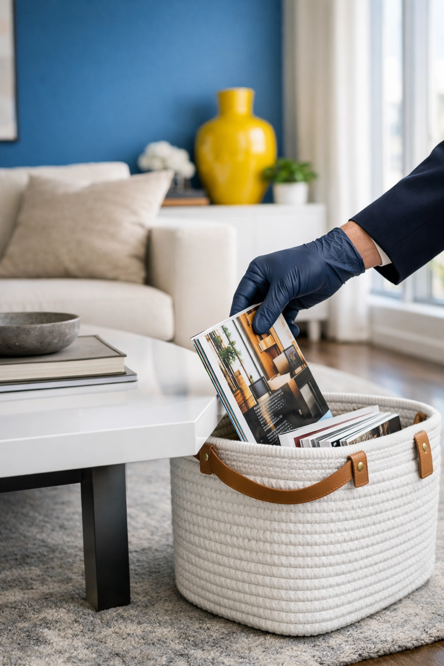 Decluttering a modern living room by clearing surfaces into a basket before professional cleaning.