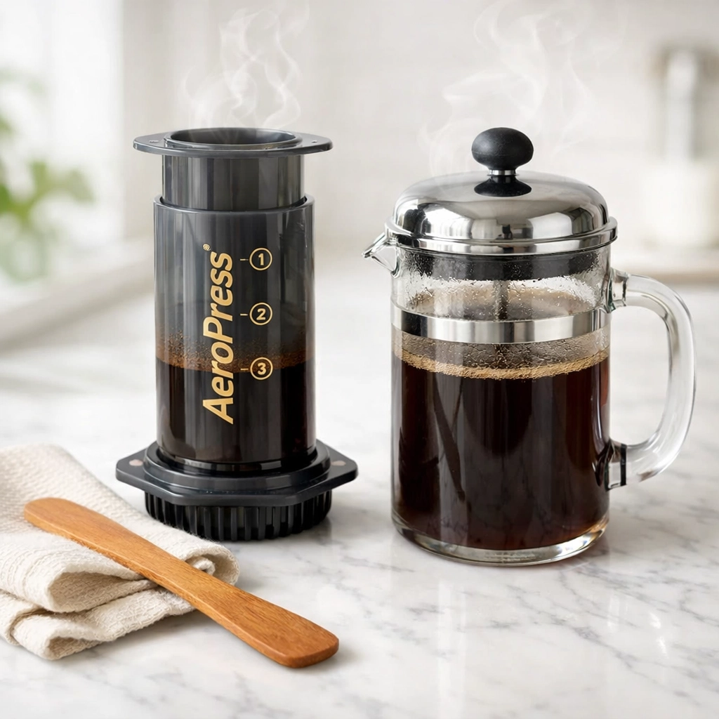 AeroPress and glass French Press coffee makers side-by-side, showcasing popular home brewing methods.