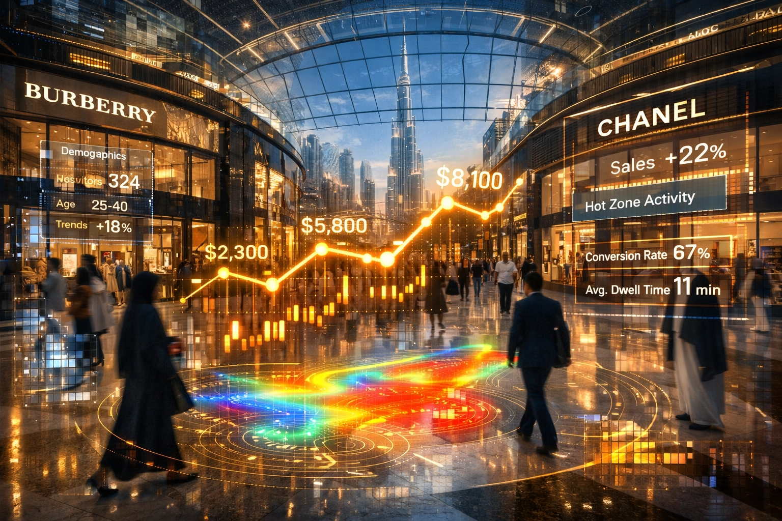 Futuristic Dubai retail mall with digital data overlays for predictive analytics and profit.