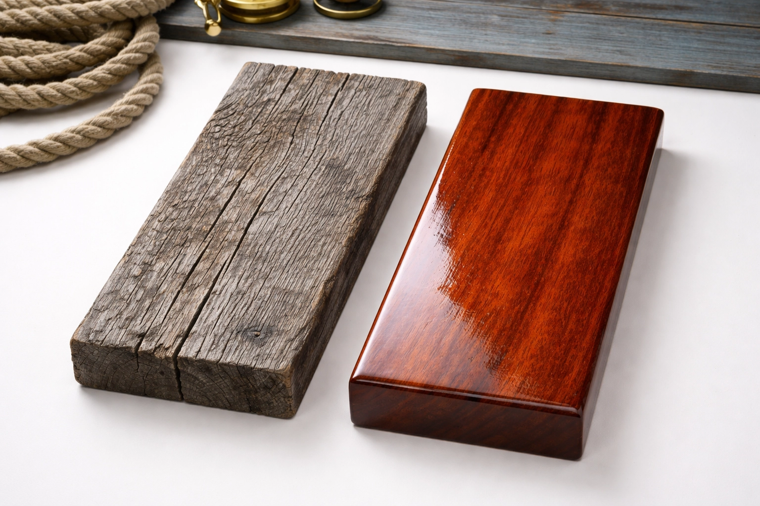 Side-by-side comparison of weathered vs. varnished mahogany, showing benefits of marine varnish for boats