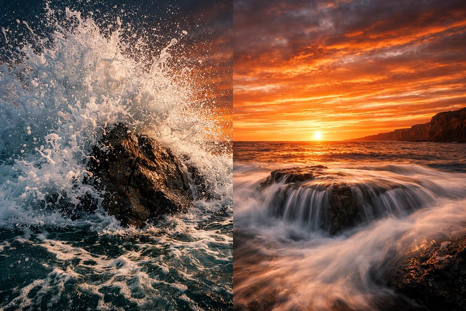 Split view of crashing waves showing different shutter speed effects on motion and exposure.