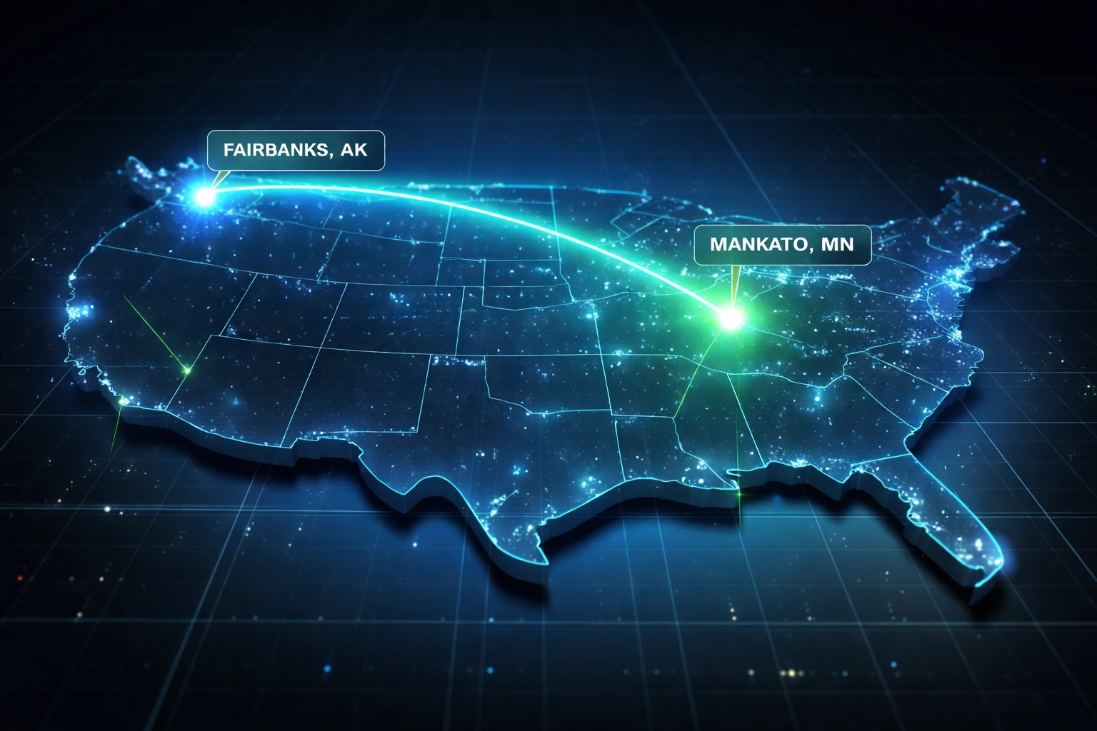 Digital map of the United States highlighting IT service locations in Fairbanks, Alaska and Mankato, Minnesota