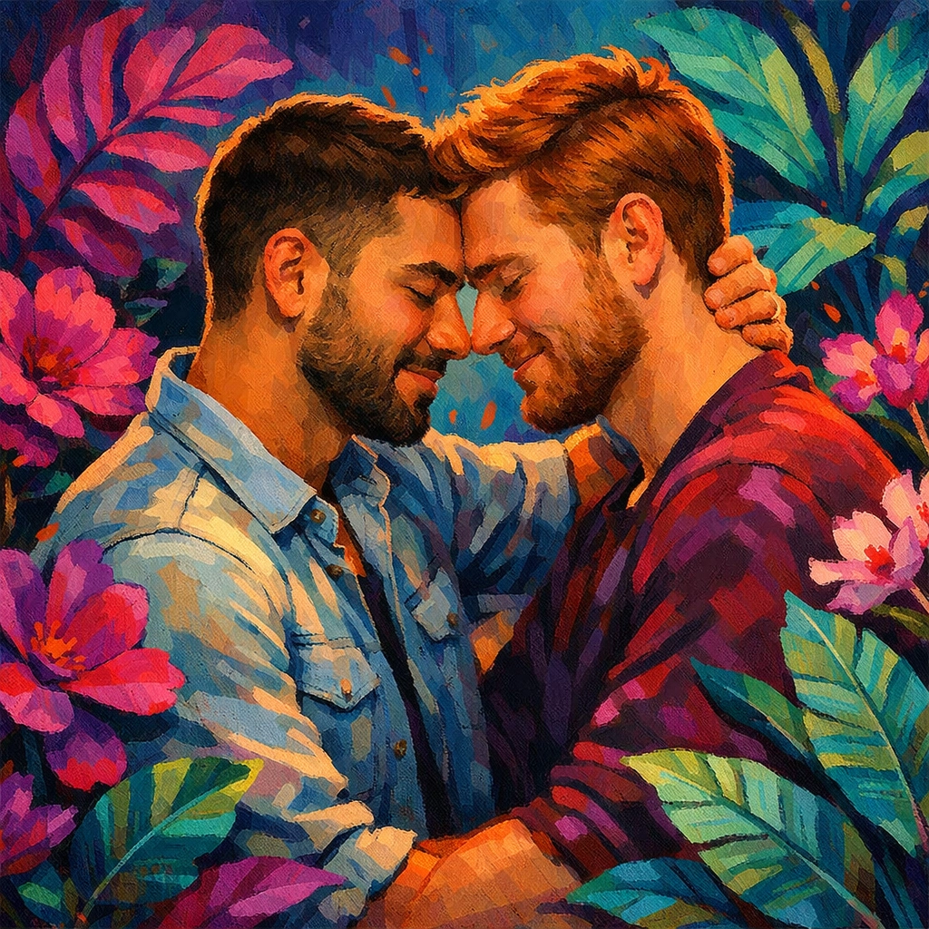 Two men sharing an intimate, romantic embrace in a vibrant garden, symbolizing a gay romance happy ending.
