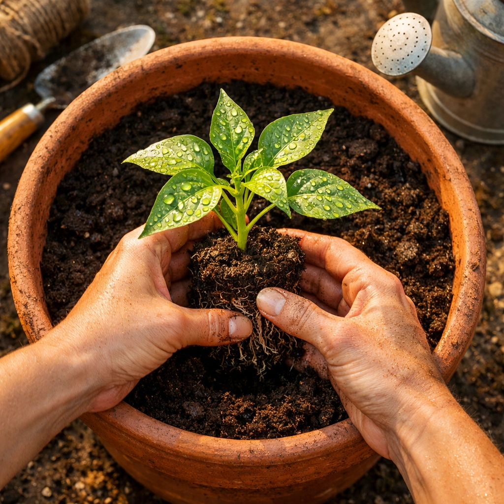 Watering bell pepper plant in container with water droplets on leaves