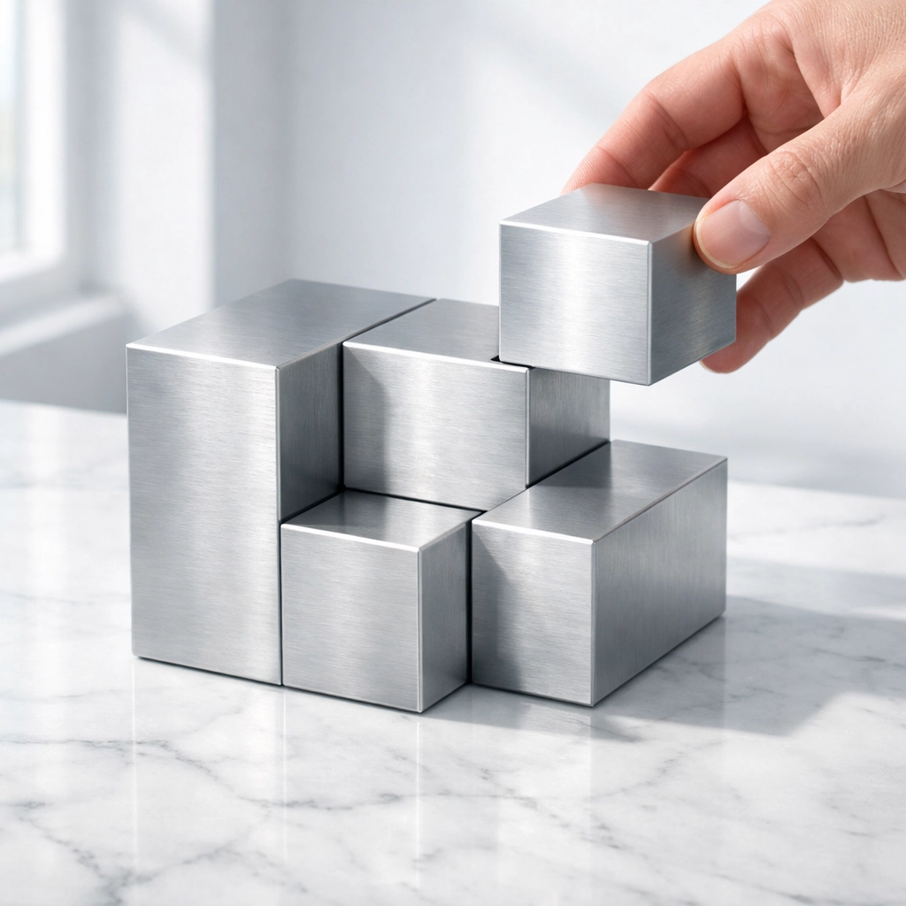 Precision metal blocks fitting together representing seamless AI governance integration for scalable success.