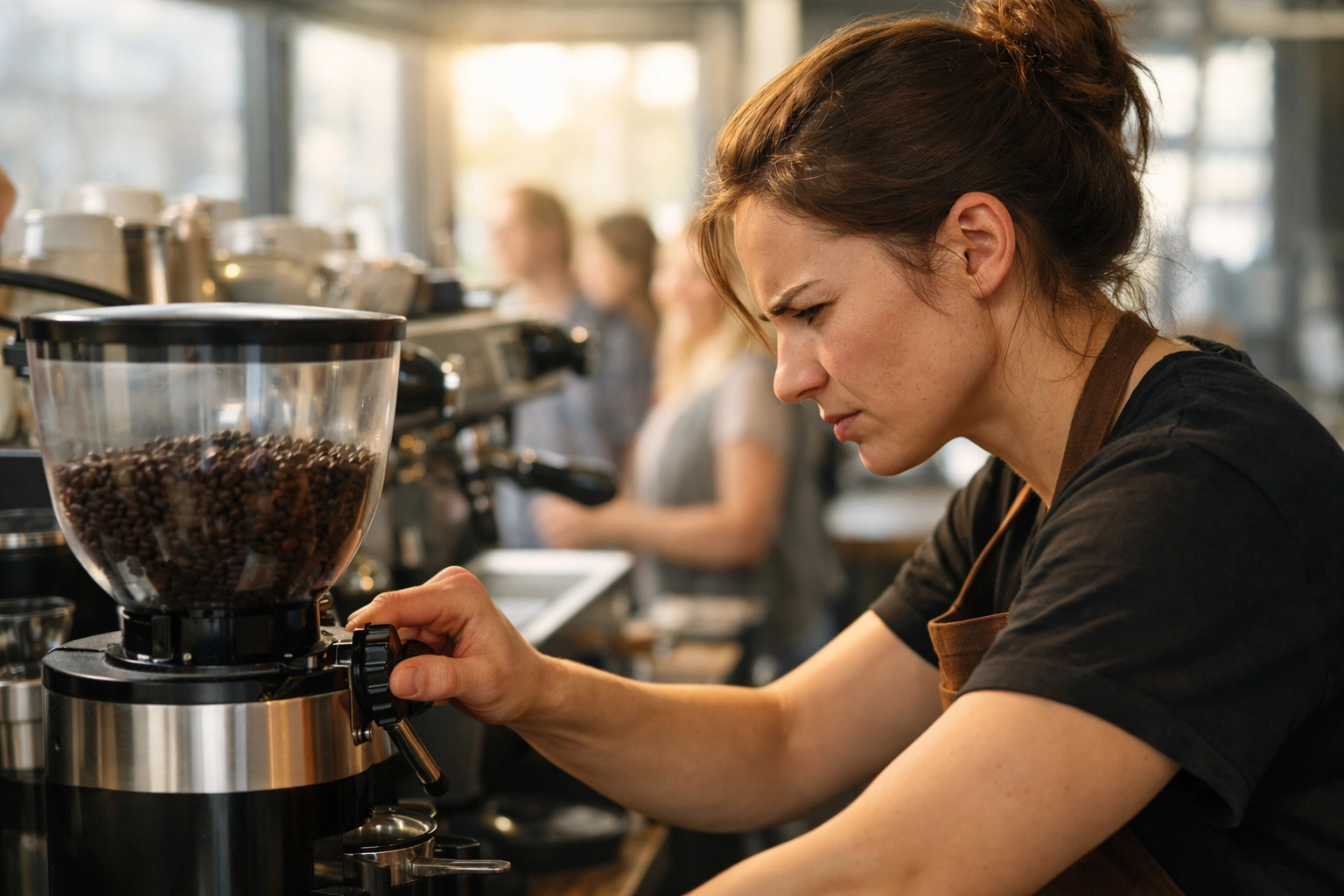 Barista adjusting espresso grinder settings during morning rush hour at coffee shop