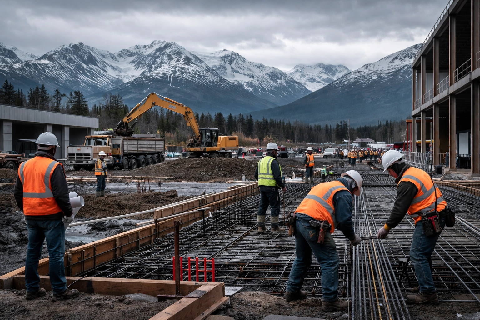 Alaska construction crew working onsite with Chugach Mountains, showing business insurance needs