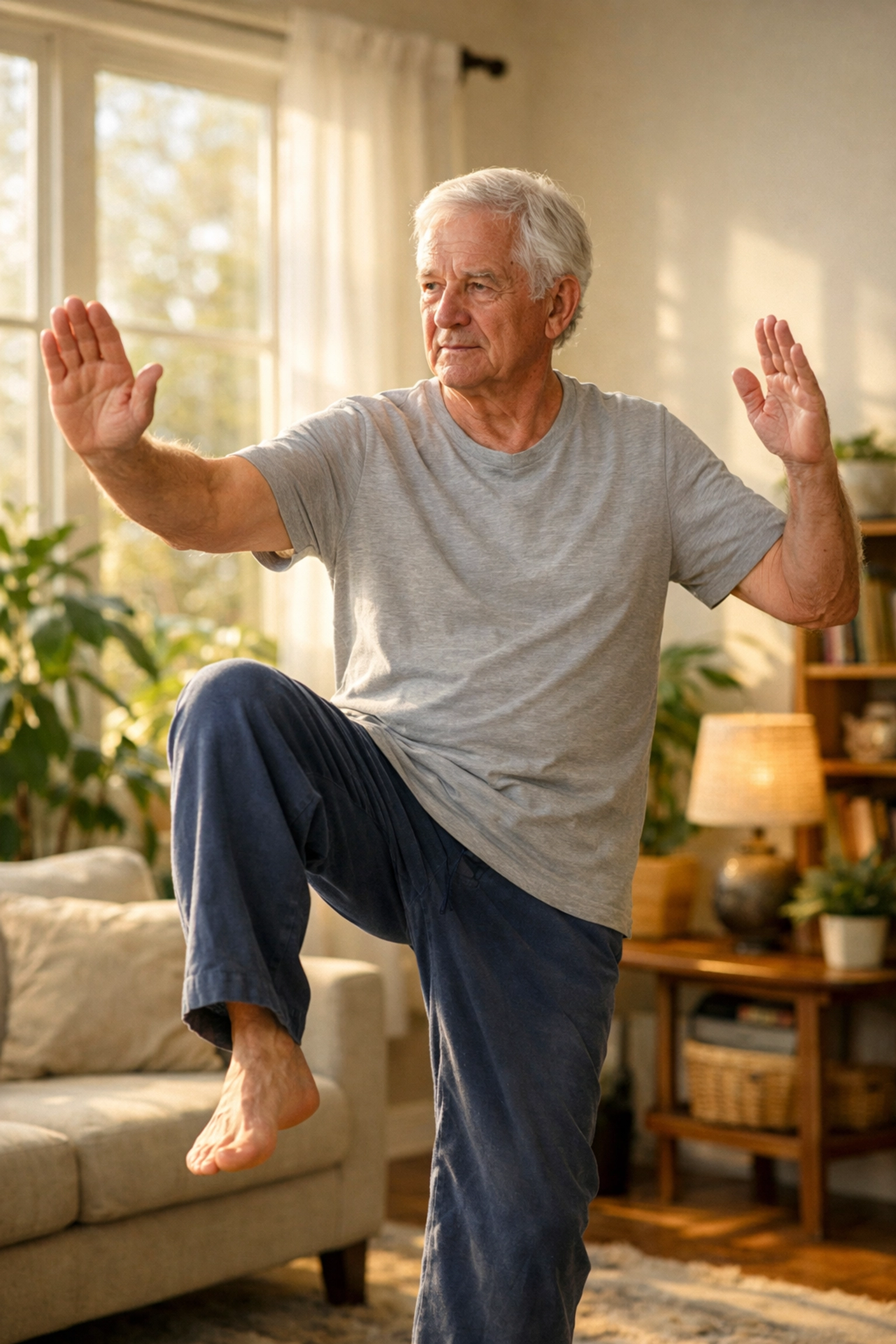 Elderly man practicing Tai Chi in a bright living room to improve balance and leg strength.