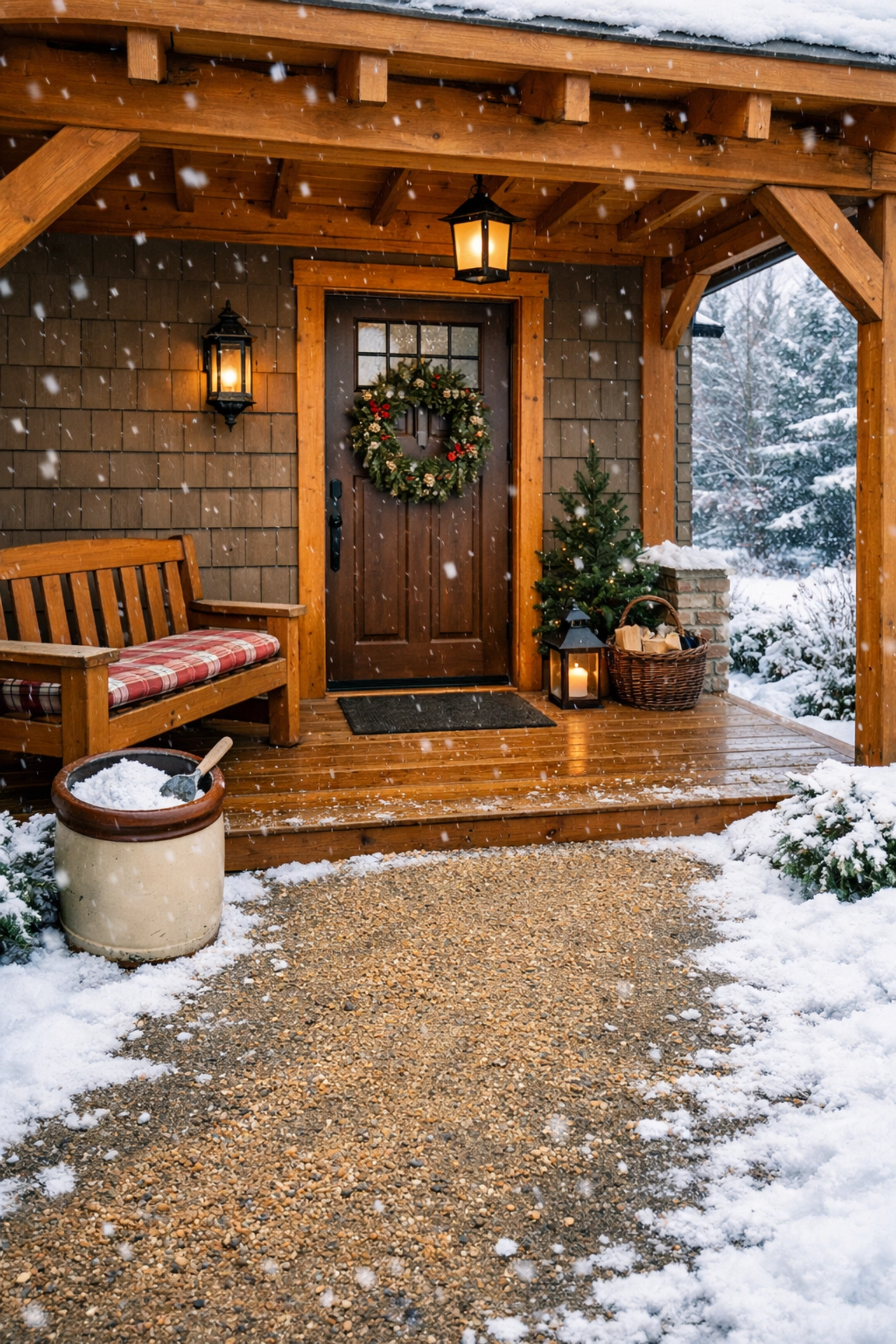 A dry porch landing with an overhead awning and de-icing salt for safe winter entryway maintenance.