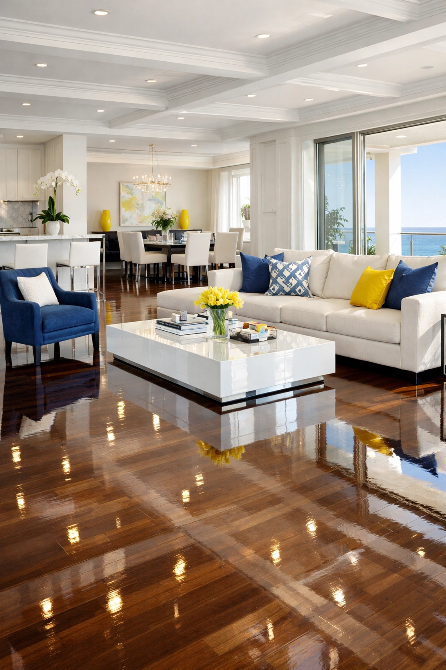 Pristine living room with polished floors after a professional deep cleaning service.