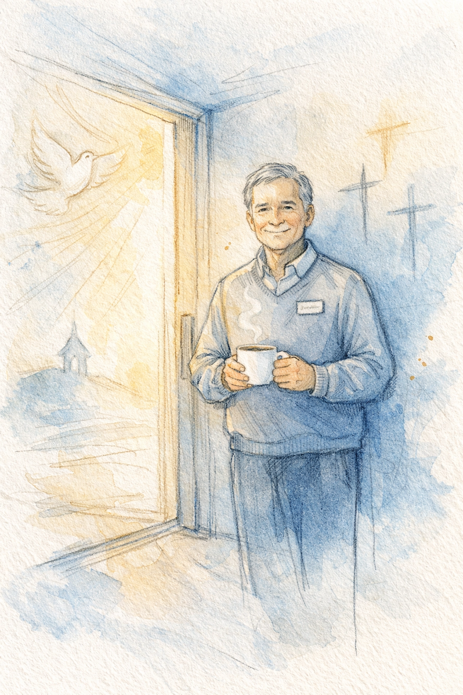 Church greeter welcoming guests at entrance with morning coffee ready for ministry moment