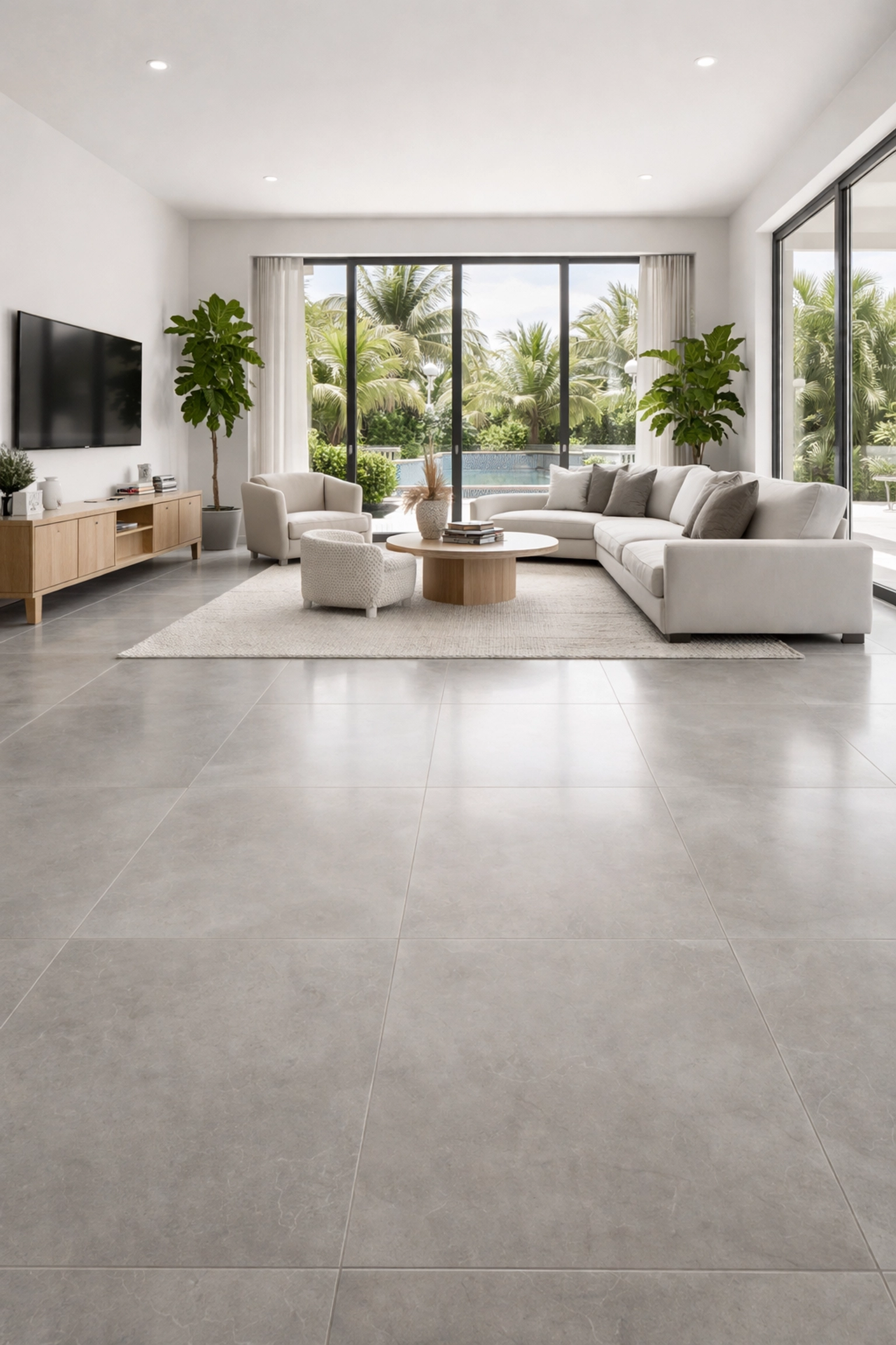 Open-concept Orlando living room with large-format polished concrete-look porcelain floor tiles