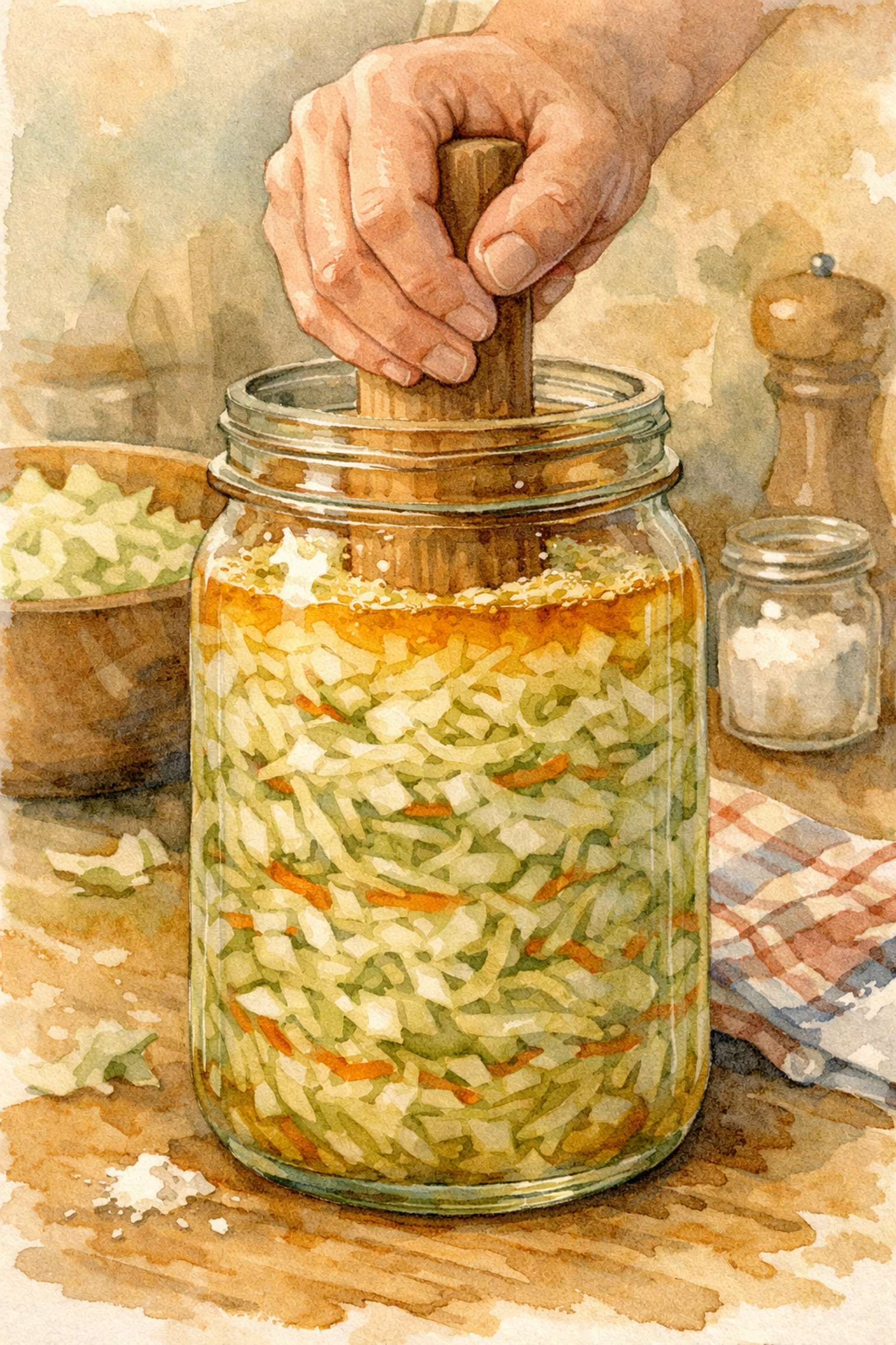 Packing fermented cabbage into glass jar with brine for sauerkraut