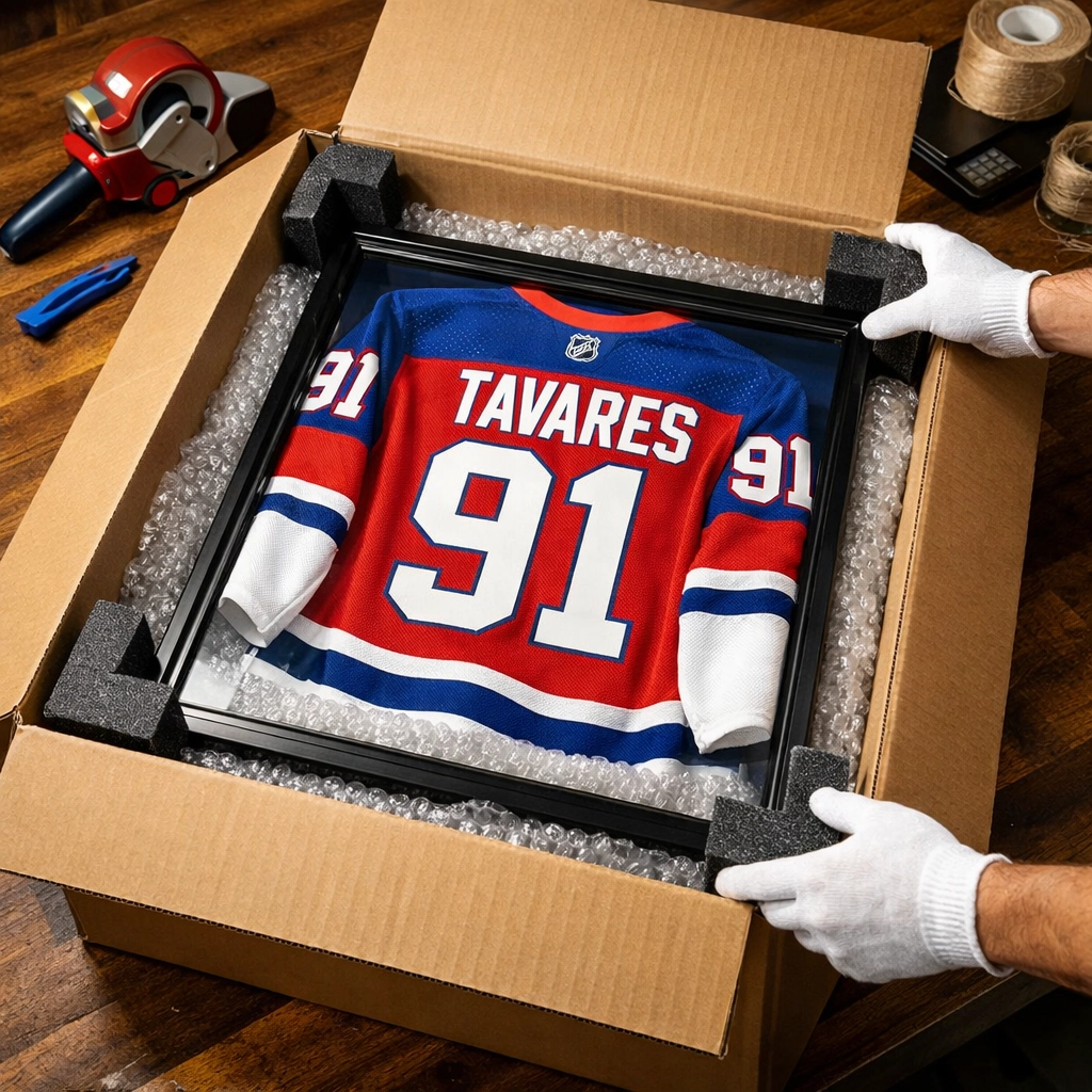 Professional fulfillment of a framed NHL jersey being packed securely for safe shipping and delivery.