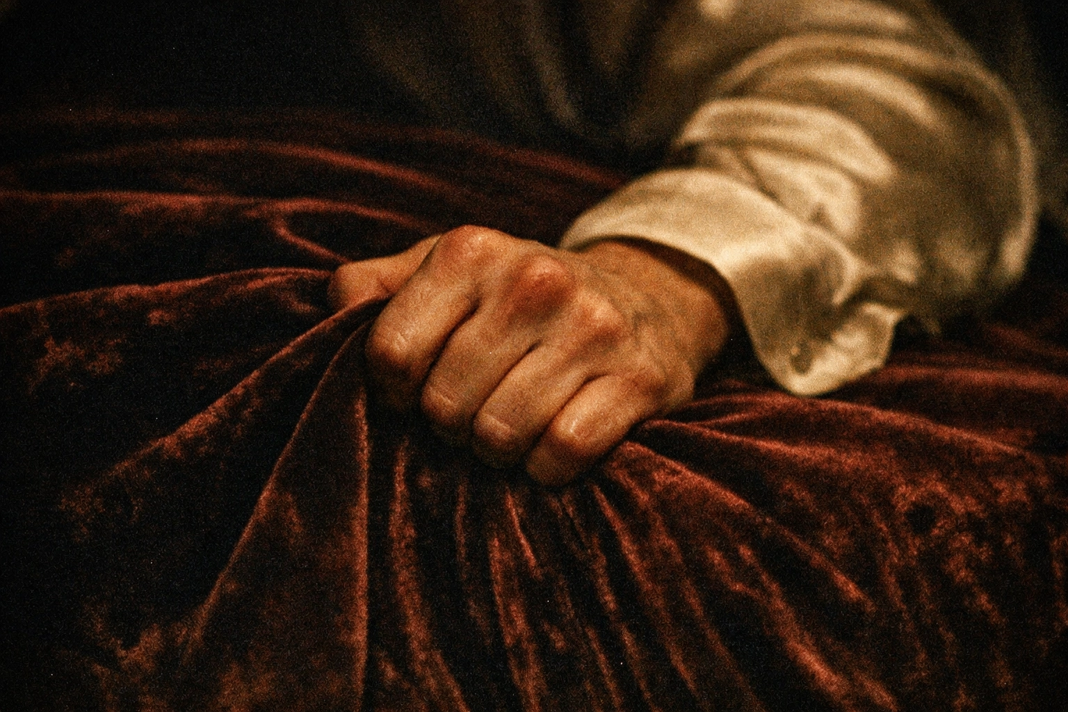 Close-up of a man's hand in a silk shirt clutching a velvet bedspread (submission detail shot)