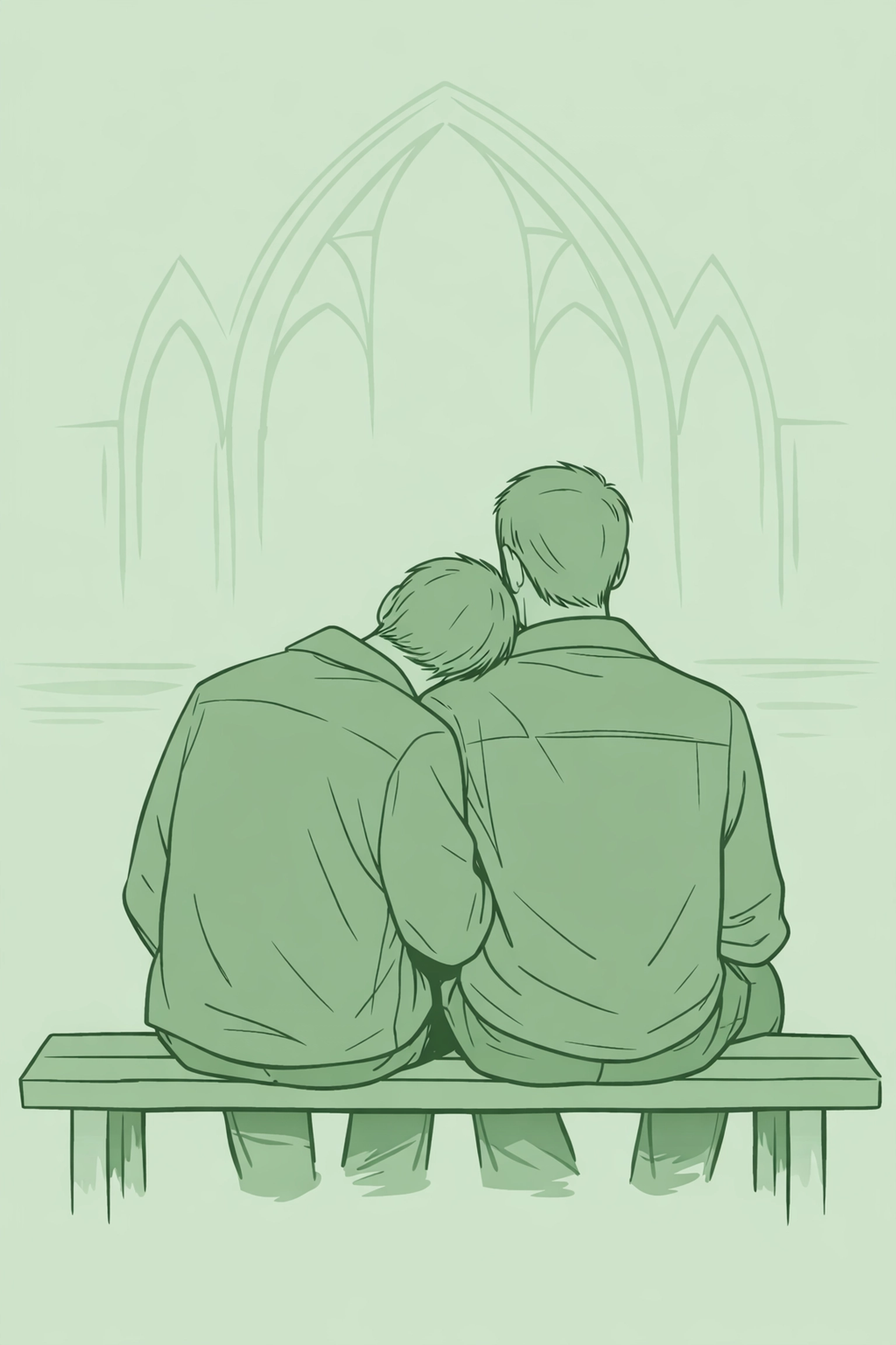 Emotional gay fiction scene of two men finding support and connection near a cathedral window.