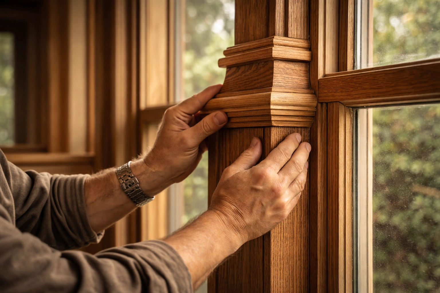 A craftsperson’s hands restoring Craftsman bungalow trim and woodwork details in a Port Townsend home, highlighting artisan joinery and heritage preservation.