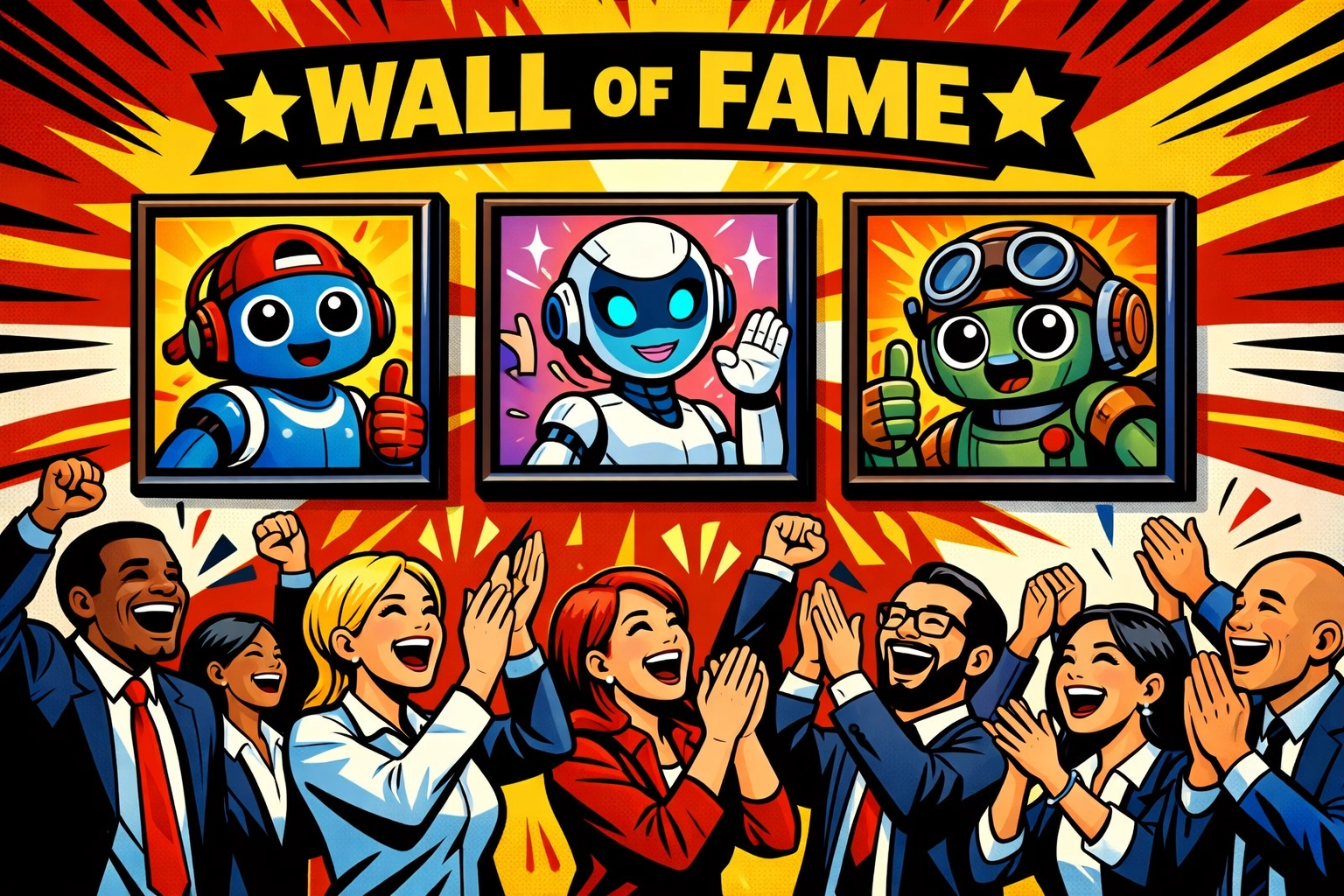 Office workers celebrating a team of AI assistants on a wall of fame for small business automation.