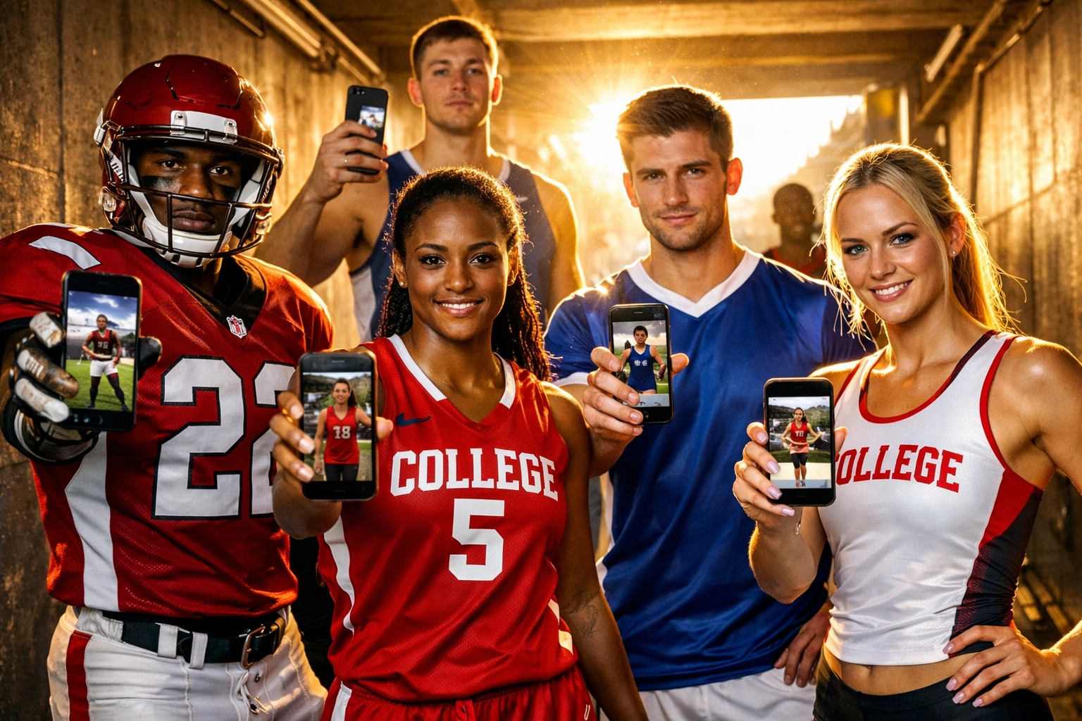 College NIL athletes with smartphones in stadium tunnel representing social media marketing power